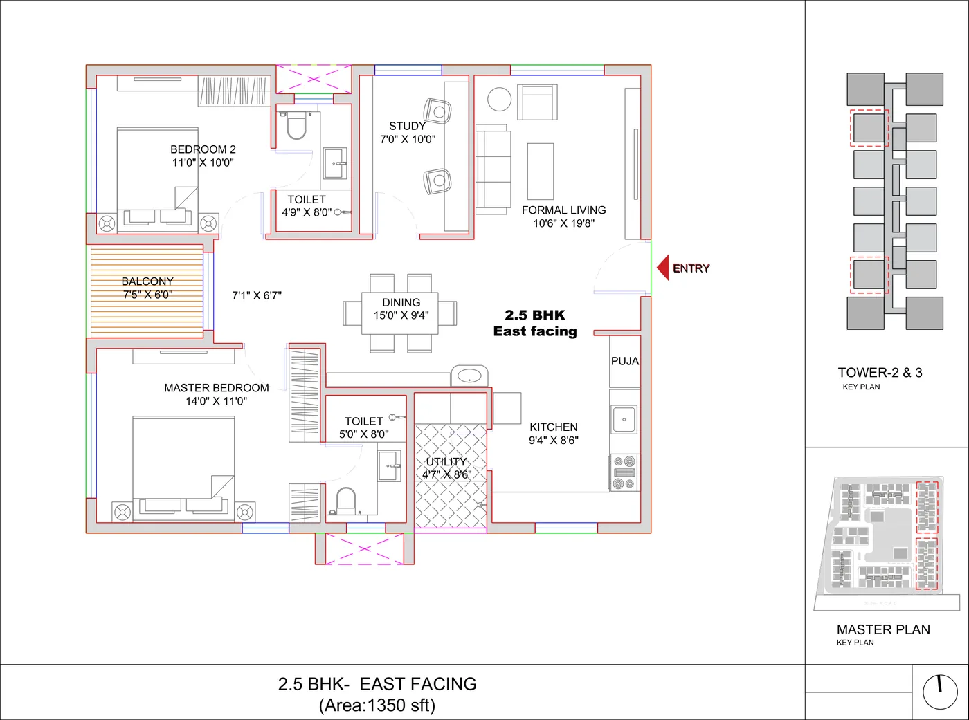 2.5 BHK 1,350 sft unit plan at SRIAS Codename Kukatpally