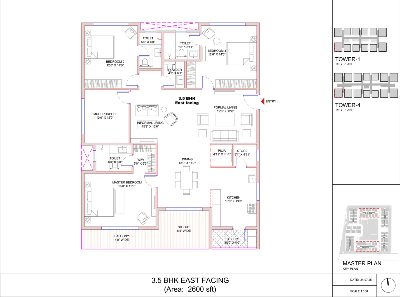 3.5 BHK 2,600 sft unit plan at SRIAS Codename Kukatpally
