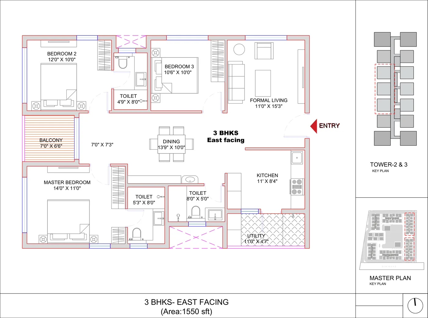 3 BHK 1,550 sft unit plan at SRIAS Codename Kukatpally