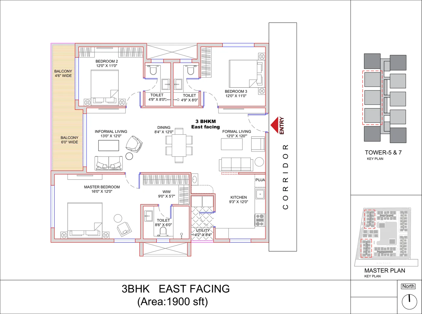 3 BHK Large 1,900 sft unit plan at SRIAS Codename Kukatpally