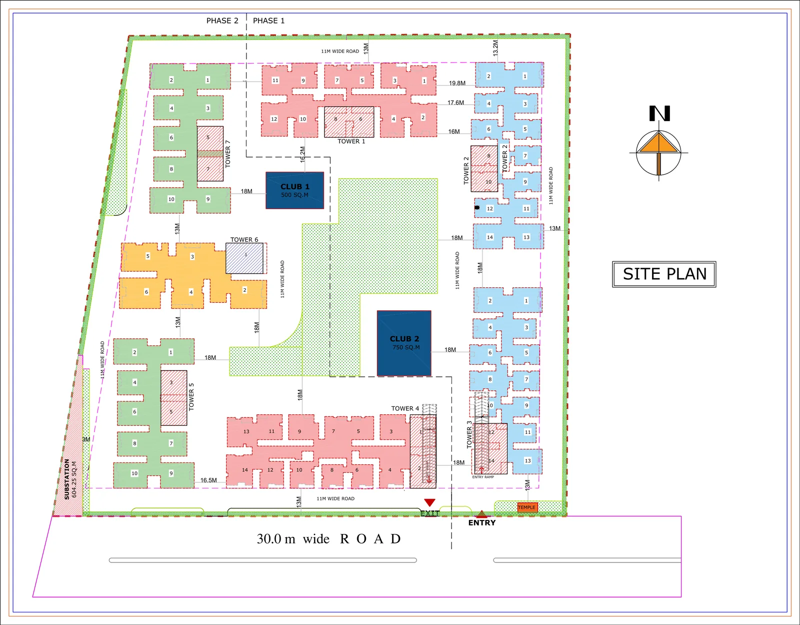 Site plan for SRIAS Codename Kukatpally showing seven towers, two clubs and the central courtyard